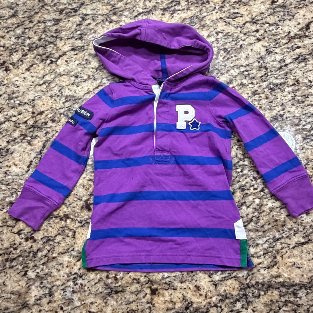 Polo Ralph Lauren Toddler Boys Purple Blue Striped Hooded Rugby Shirt 2T ws